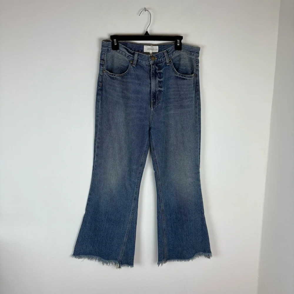 The GREAT. Kick Bell Jean Canopy Wash raw hem bell bottom cropped length sz 30